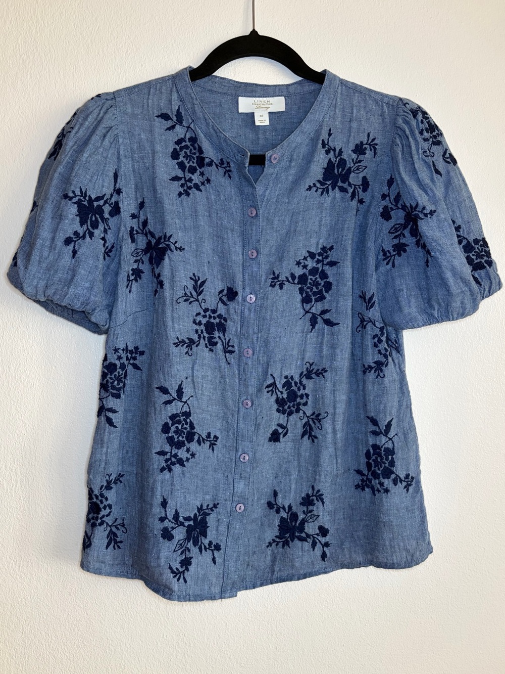 Blue Floral Puff Sleeve Top -XS